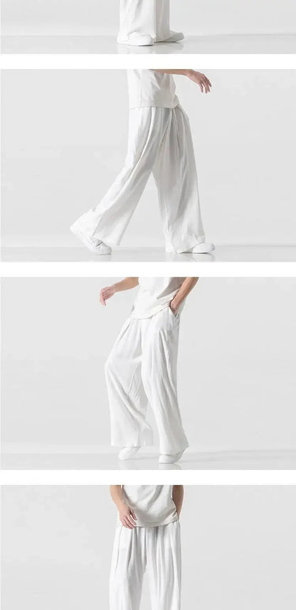 Hanfu Spirit Draped Linen Pants For Men Straight-leg Casual Trousers Chinese Style Loose-fit Ancient Wide-leg Song Trousers.