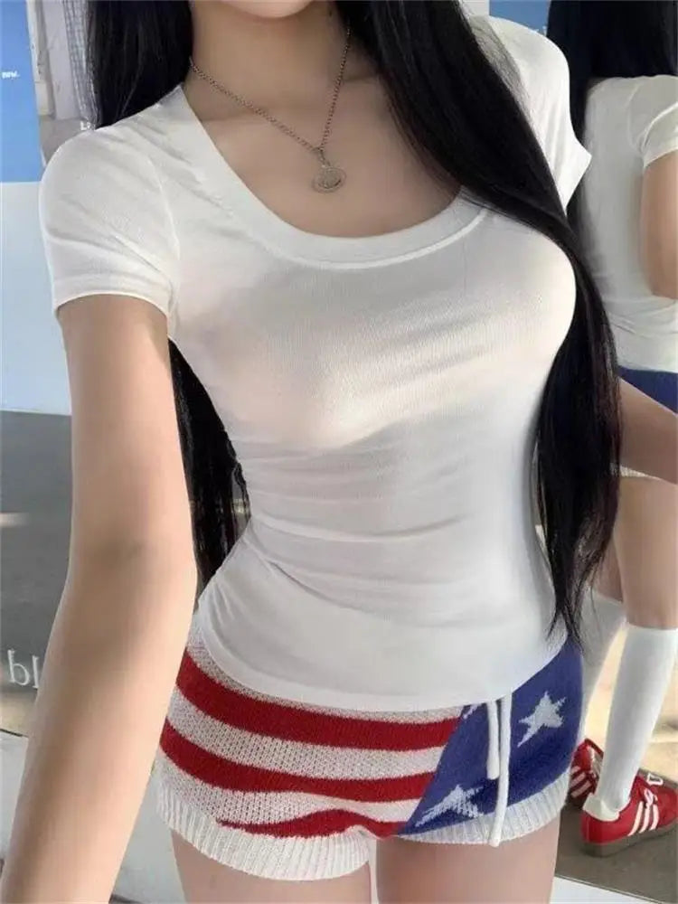 Womens Basic T-Shirts Square Neck Short Sleeve Top Solid Color Cute Summer Skinny Tops Slim Fit Tee Shirt Casual Clothing.