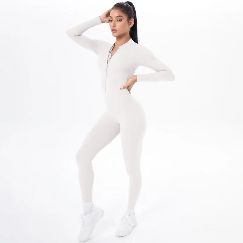 Women's Long Yoga Bodysuit with Half-Zip Sexy Back & Butt Lift for Fitness Running Outdoor Sportswear.