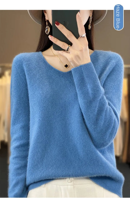 2024 100% Merino Reine Wolle V-ausschnitt Herbst Und Winter Pullover Pullover Neue Kaschmir Pullover frauen Beiläufige Gestrickte Top DMR201
