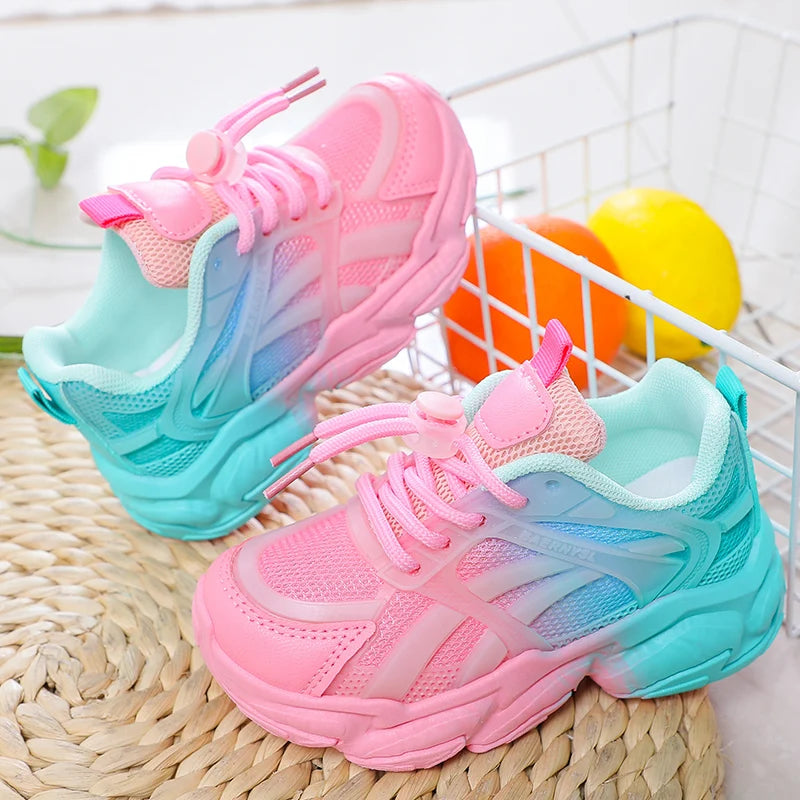 Girls Cute Gradient Mesh Sneakers Low Top Breathable glowing Platform Sports kids Shoes.
