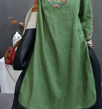Damen-Bluse im Vintage-Stil aus Baumwolle und Leinen, mittellang, siebte Ärmel, Stickerei, ethnischer Rock mit lockerer Passform, chinesischer Stil.
