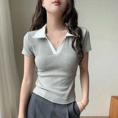 Chic Short Sleeve Polo Neck T-Shirt Women's Summer New Design Sensation Gexuan Fashionable Flip Collar Shoulder Length.