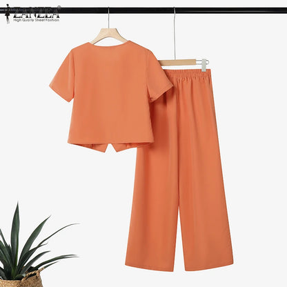 ZANZEA Fashion 2 Piece Sets Woman Elegant V-Neck Short Sleeve Shirts Wide Leg Pants 2pcs Suits Office Lady Commuting Pant Sets.