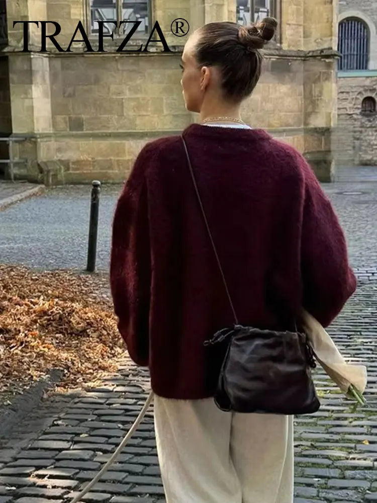 TRAFZA Frauen Elegante Solide O Neck Pullover Lose Beiläufige Langarm Gestrickte Pullover Sweatshirt Herbst Büro Dame Strickwaren Top.