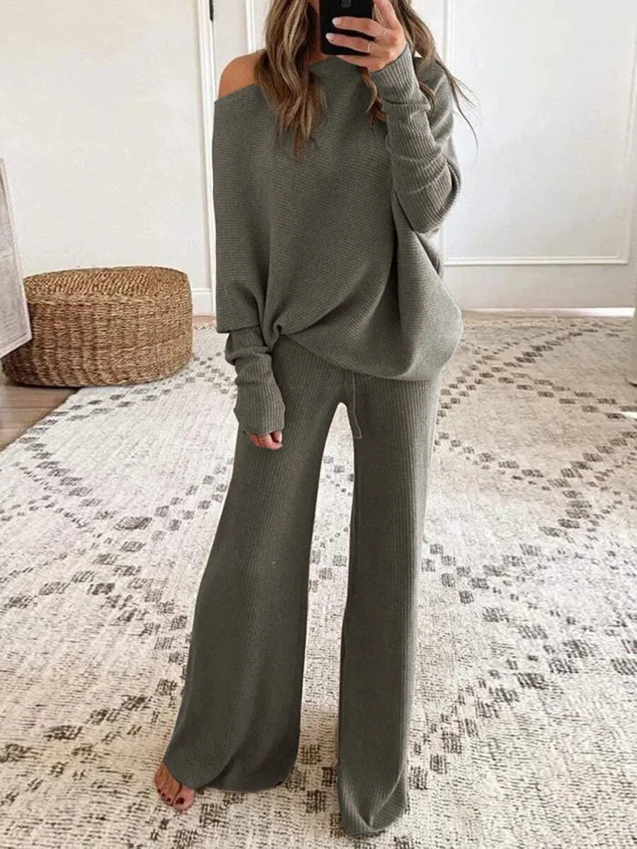 New Women's 2pcs Clothes Set Solid Color Round Neck Long Sleeve Casual Top & Loose Wide Leg Pants Home Wear.