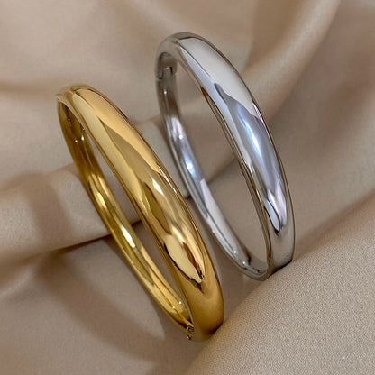 Minimalist Smooth Chunky Cuff Bangles for Women Stainless Steel Gold Silver Color Round Circle Bracelets Waterproof Jewelry.