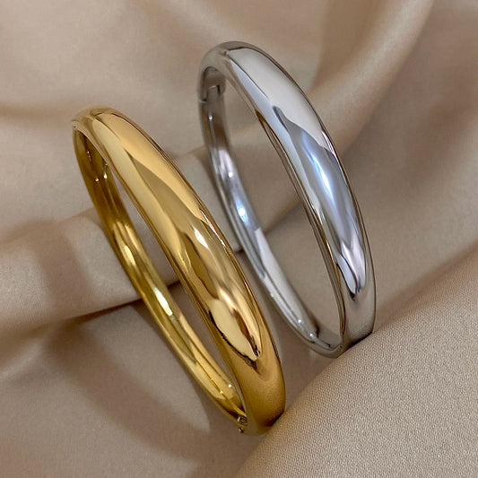 Minimalist Smooth Chunky Cuff Bangles for Women Stainless Steel Gold Silver Color Round Circle Bracelets Waterproof Jewelry.