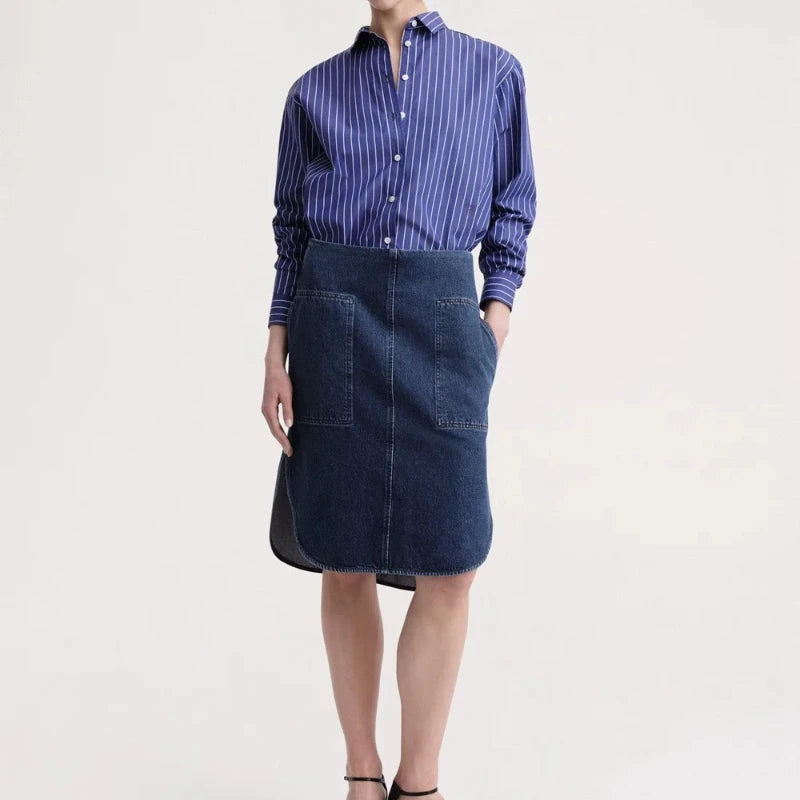 LUXURY Women's Vertical Striped Shirt, Short Front and Back, Short, Vertical Striped Shirt, Loose Long Sleeve, Commuter Style