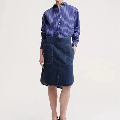 LUXURY Women's Vertical Striped Shirt, Short Front and Back, Short, Vertical Striped Shirt, Loose Long Sleeve, Commuter Style