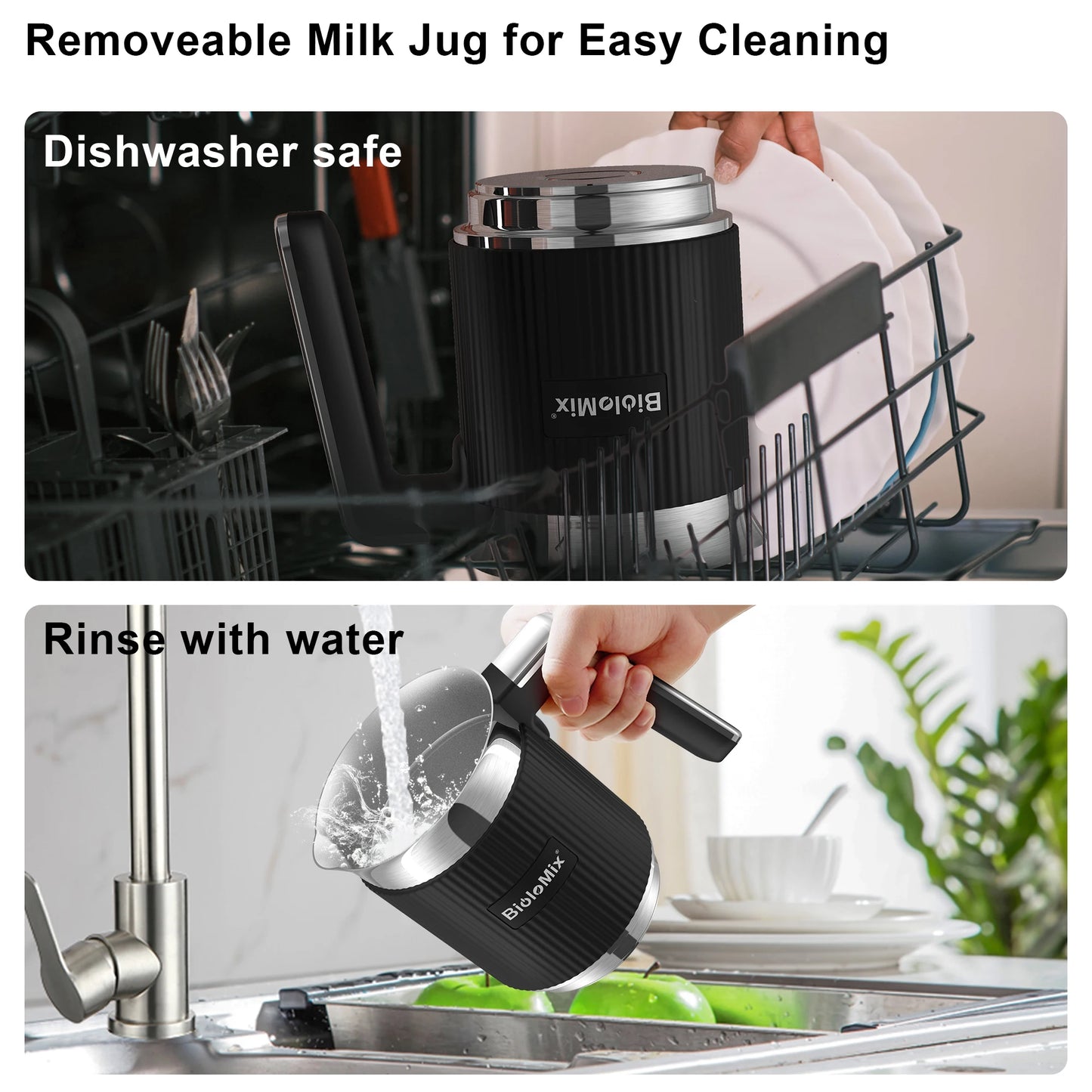 BioloMix Detachable Milk Frother and Steamer,5-in-1 Automatic Hot/Cold Foam and Hot Chocolate Maker,Dishwasher Safe.