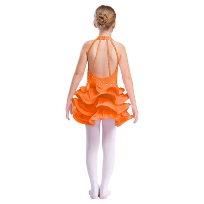 Eiskunstlauf-Kostüm für Teenager-Mädchen, lateinamerikanischer Tanz, Cha-Cha, Tango, Performance-Tanzbekleidung, ärmelloses, gestuftes Kleid mit Strasssteinen.