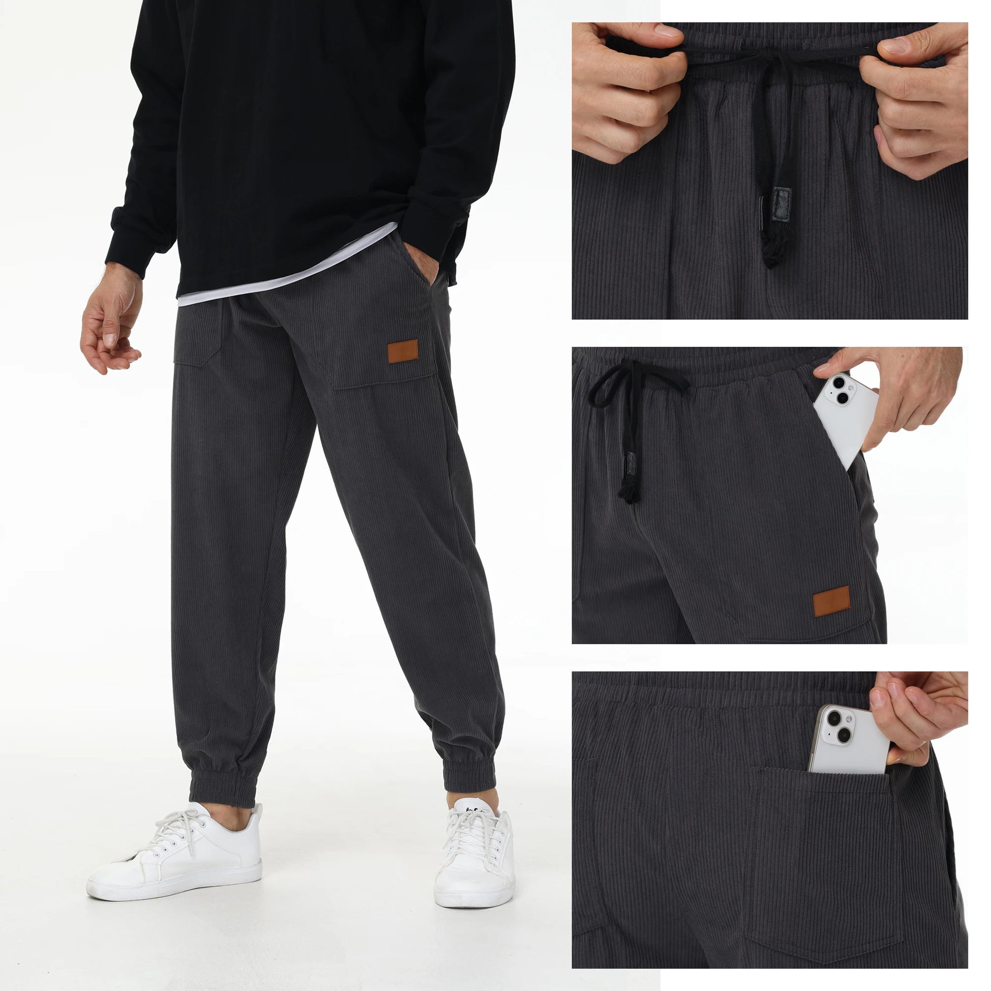 Mens Corduroy Sweatpants Elastic Waist Drawstring Tapered Pants With 4 Pockets for Jogging Running Outdoor Warm Sports.