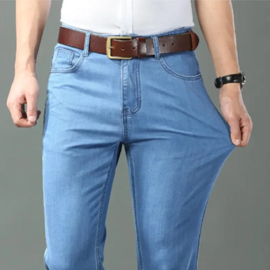 New Ice Silk Thin Denim Jeans For Men Blue Straight Stretch Cotton Pants Business Casual Lightweight Trousers Spring Summer.