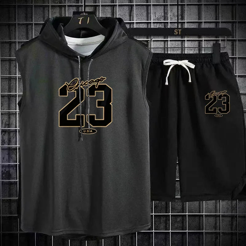 The 2025 new breathable model Men's summer sports suit printed loose breathable short sleeve + jogging shorts suit.