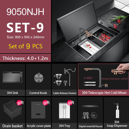 ASRAS Kitchen Sink Stainless Steel Nano Grey Kitchen Sink with Built-in Food Purifier, Hidden Cover & Adjustable Lift Faucet