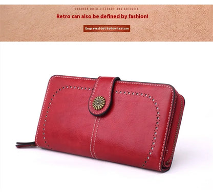 Fashionable new hollow out coin purse for women's oily leather phone bag, long zipper handbag,coin bag Triple fold ladies wallet.