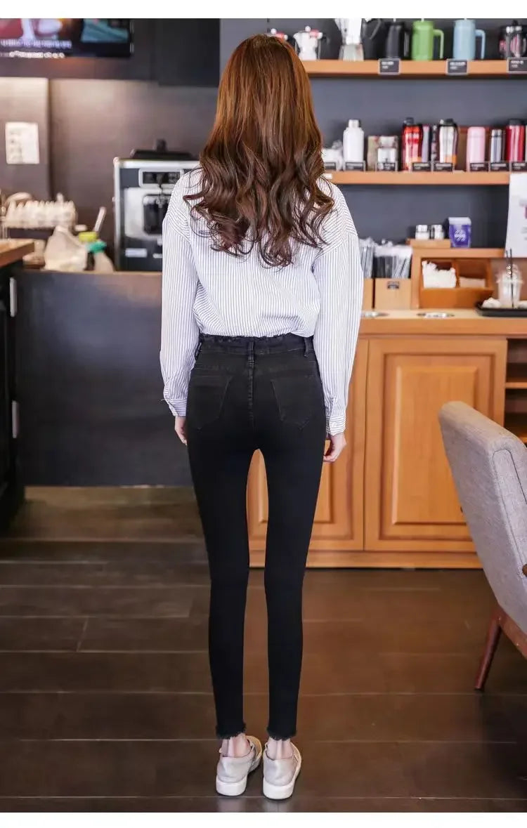 High Waist Slim Fit Women's Jeans High Elasticity Spring Autumn Black Pencil Pants Korean Style plus Size Body Shaping.