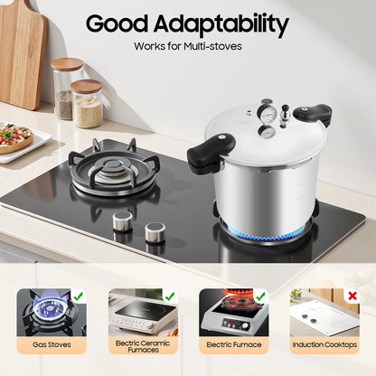 22L Thickened Explosion-proof Pressure Cooker Silver Aluminium Alloy Cylindrical 90Kpa High Pressure Pot with Outer Lid.