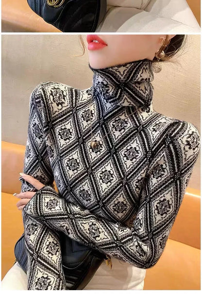 Frauen Kleidung Mode Rollkragen Argyle Stricken Pullover Herbst Winter Elegante Chic Schlanke Langarm Pullover Büro Dame Y2K Top.