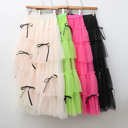 Long Maxi Tulle Skirt Women Sweet Tiered Long Skirt Autumn Winter Women Fashion Korean Mesh Skirt Female Party Skirt Clothes.