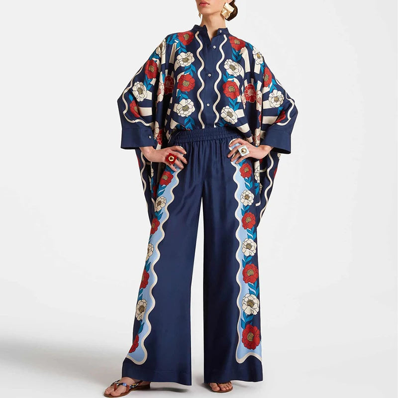 Retro Printed Loose Indie Folk Outfit Women Spring Stand Collar Button Irregular Top+Pant Set Fall Batwing Long Sleeve 2pcs Suit