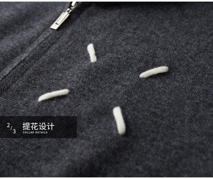 Men's 100% Cashmere Sweater Zipper Hooded Cardigan Warm Air Layer Thickened Jacket Jacquard Casual Knitted Wool Sweater.