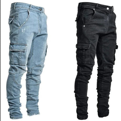 Männer Straße elastische Jeans Jeans waschen einfarbige Multi-Taschen Cargo hose lässig Slim Fit täglich tragen Jogger mittlere Taille Hose.