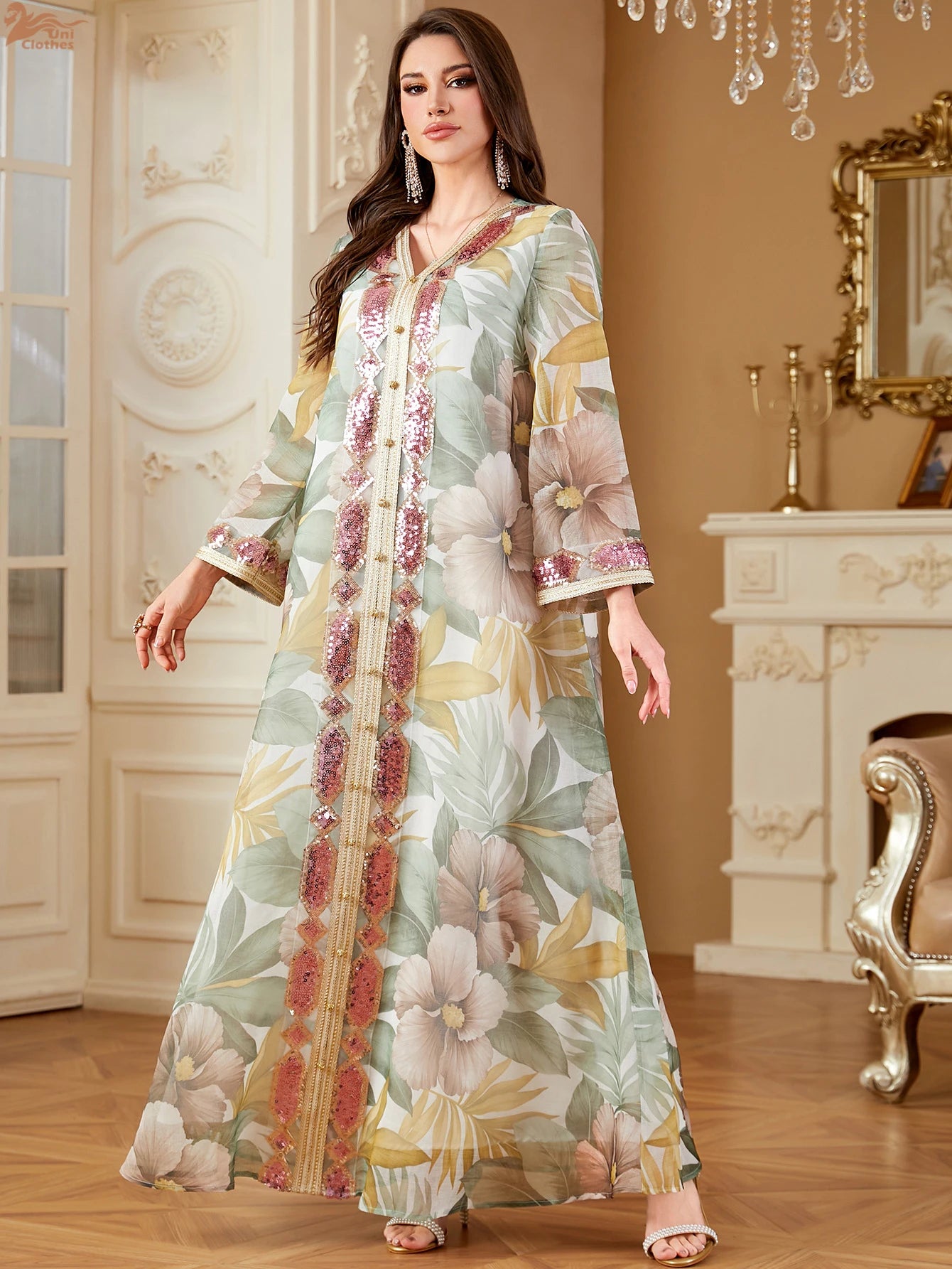 Ramadan Dubai Floral Print Long Dress Sequins Patchwork Abayas Mesh Kebaya For Muslim Women's Casual Loose Clothing.