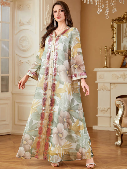 Ramadan Dubai Floral Print Long Dress Sequins Patchwork Abayas Mesh Kebaya For Muslim Women's Casual Loose Clothing.