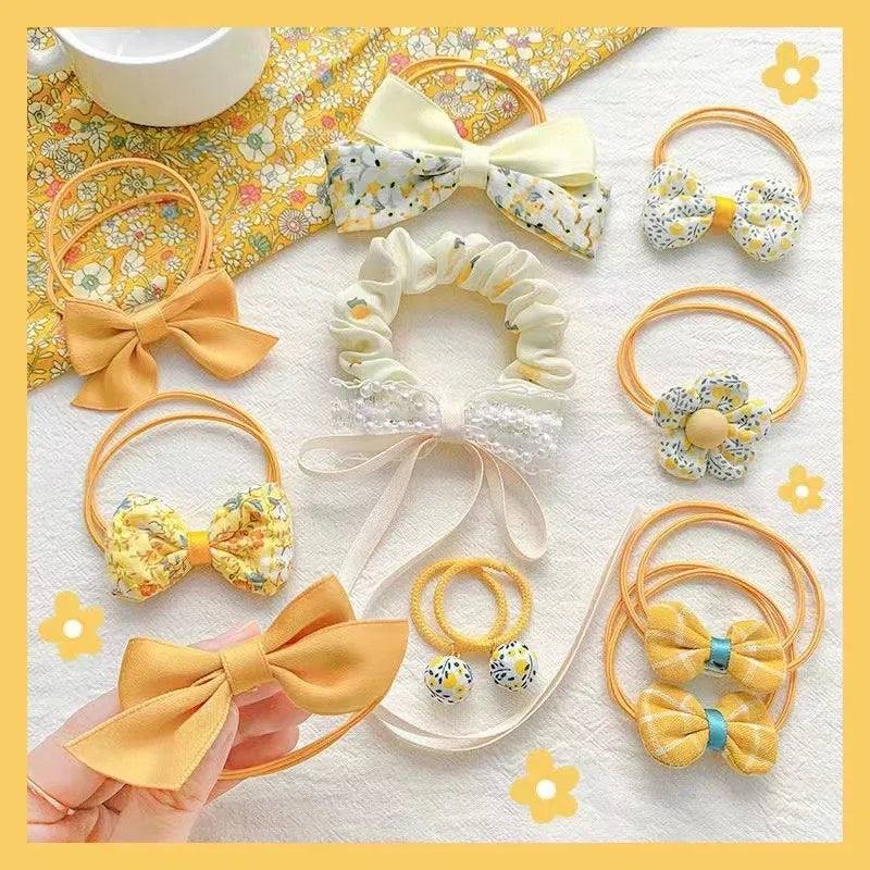 Kawaii Flower Bow Scrunchies Set Children Gift Girls Elastic Hair Rubber Bands Accessories Tie Hair Ring Rope Headdress Headwear.