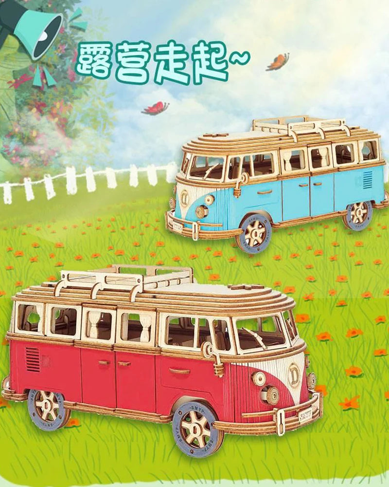 Retro Bus European-style Campervan 3D Wooden Car Puzzle DIY Sailing Ship Airplane Building House Model Jigsaw Toys For Children.