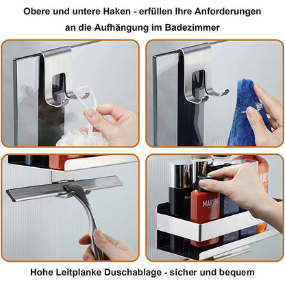 Badezimmer-Tür-Rückseite, hängendes Regal aus Edelstahl über Glastür, Aufbewahrungsregal, Shampoo-Halter, Aufbewahrungstablett für Toilettenartikel mit Haken