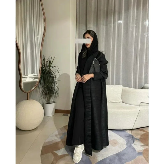 Muslim Abaya Black Simple Commuter Fashion Pleated Loose Long Trench Coat Jacket 2024 Fall New.