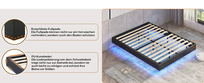 Bett 140x200 mit verstellbarer Beleuchtung, Bettgestell 140x200 mit weicher Polsterung, schwebender Bettrahmen, gepolsterte Jugendbe