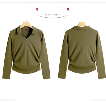 Korean version wine red long sleeved T-shirt for women in spring and autumn, new high-end fashion plus size lapel casual top.