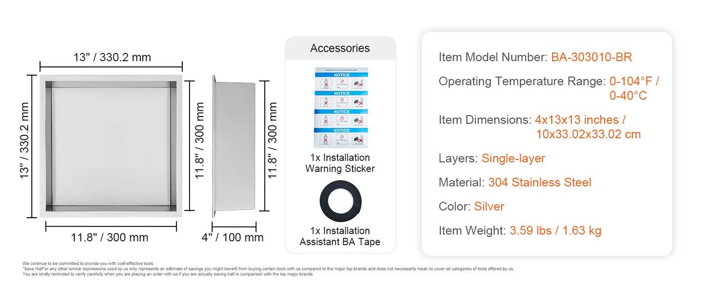 SucceBuy No Tile Duschnische aus Edelstahl 304, mit Wand eingesetzte Nische, Doppelregale für die Dusche, Seifenaufbewahrung, Badezimmer