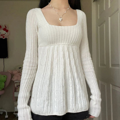 Vintage Babydoll Tops Pullover Lady Ästhetische Kokette Strickpullover Outfit Herbst Square Neck Langarm Strickwaren Pullover Y2k