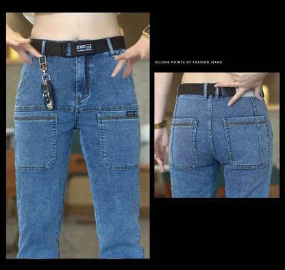 Men Cargo Pants Slim Stretch Jeans Multi Pocket Fashion Streetwear Designer Skinny Male Denim Trousers Brand Clothes Blue Black.