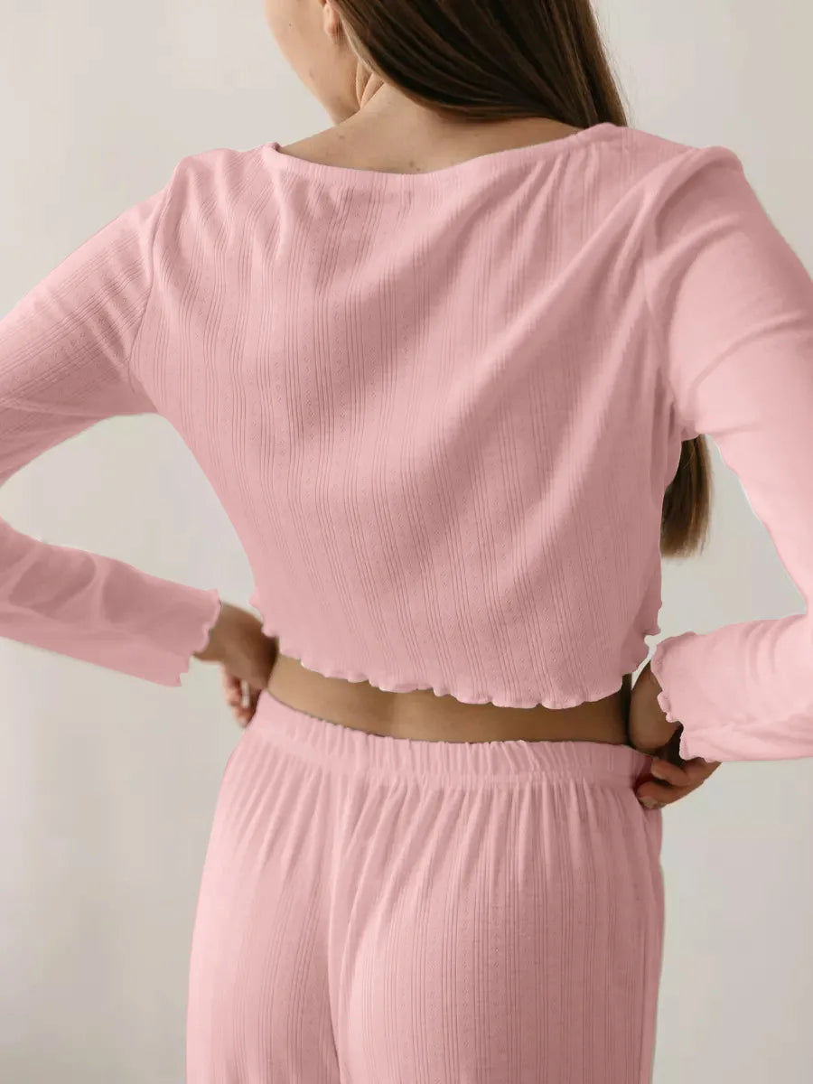 Spring and Autumn New Ladies Sexy Pajamas Homewear Suit Knitted Design Sense Containing Cotton Long-Sleeved Long Pants Suit.