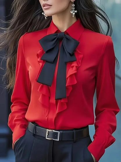 Autumn Solid Lace-up Bow Ruffled Shirt For Women Fashion Elegant Button Long Sleeve Casual Womens Tops And Blouses Women Clothes.
