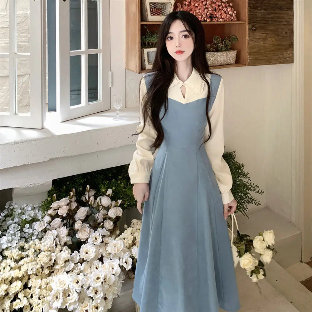 Solide Patchwork Vierkant hals Langarm gefälschte zweiteilige Kleider elegante Mode Harajuku weibliche Kleidung lässig alle Match Rock.