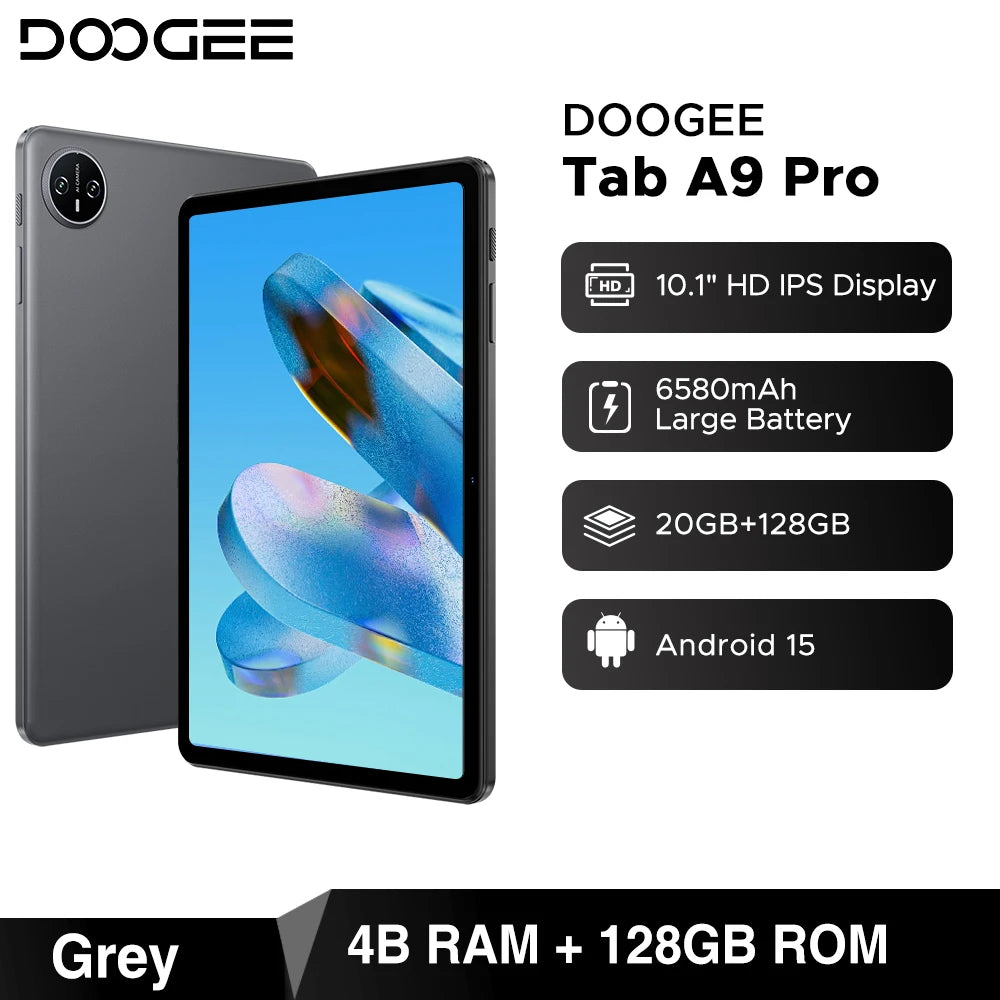 DOOGEE Tab A9 Pro Tablet 10.1" HD Display Android 15 20GB(4+16) 128GB 6580mAh Large Battery Dual Speakers Pad PC 2 In 1 Tablet