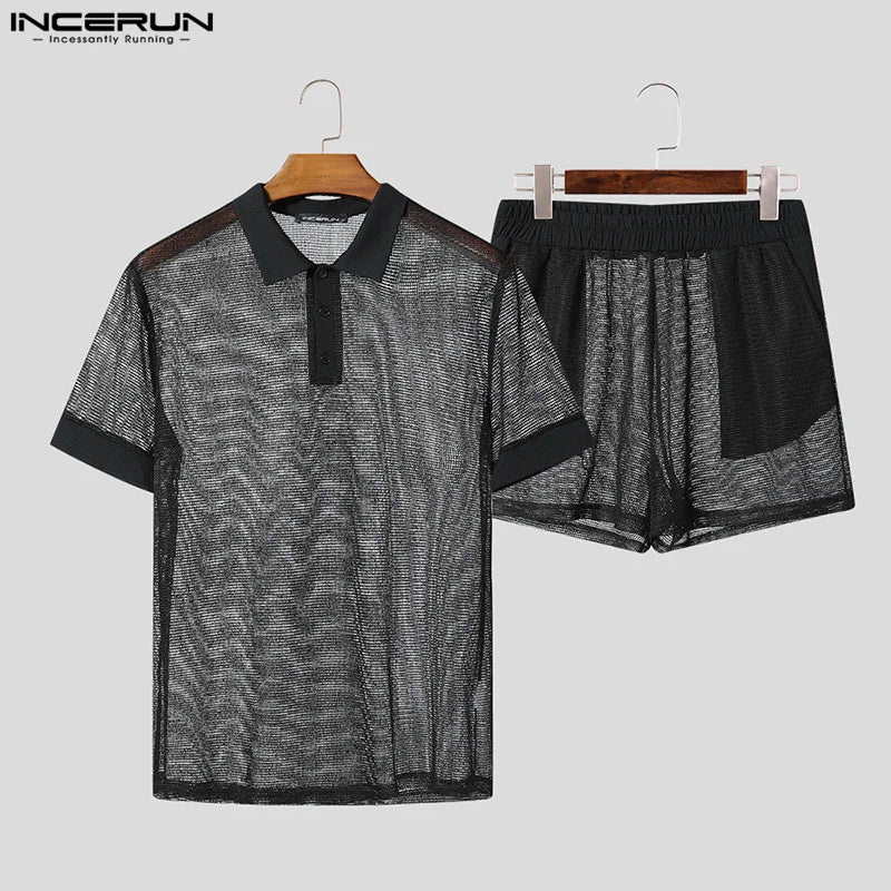 Men Short Sets Fashion Hollow Out INCERUN Two-piece Suits  Men's Sets Streetwear Short Sleeve Tops Shorts Men's Clothing Summer