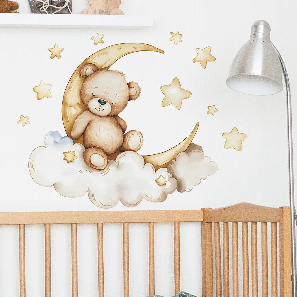 Cute Bear Moon Star Wall Stickers for Kids Rooms Girls Boys Baby Room Decoration Kawaii Cartoon Animal Nursery Wallpaper Vinyl.