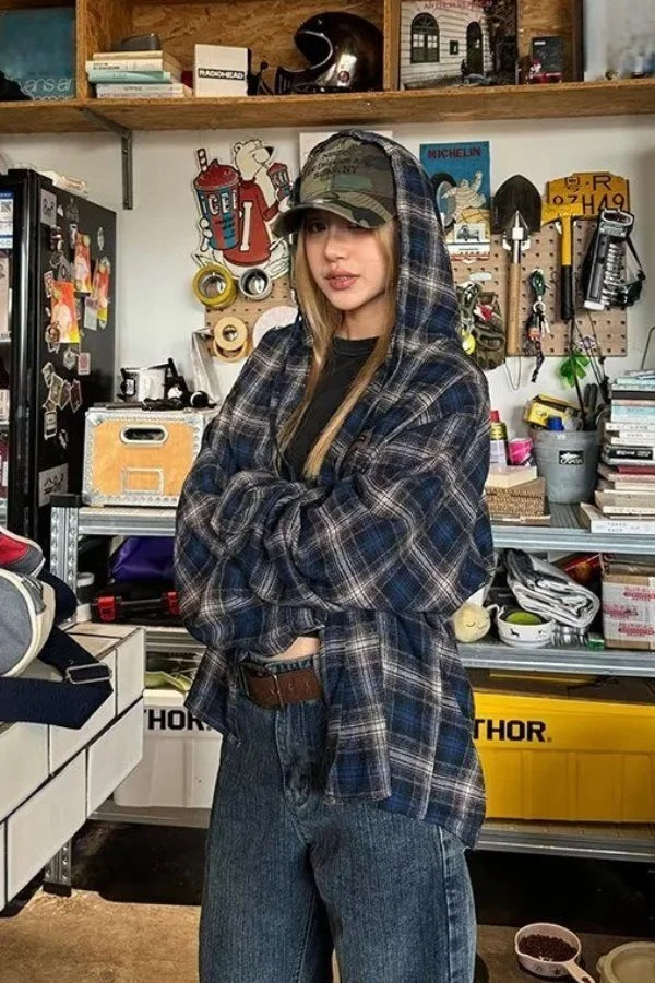 HOUZHOU Vintage Plaid Shirts Women Harajuku Long Sleeve American Style Drawstring Hooded Blouses Loose Casual Streetwear Spring.