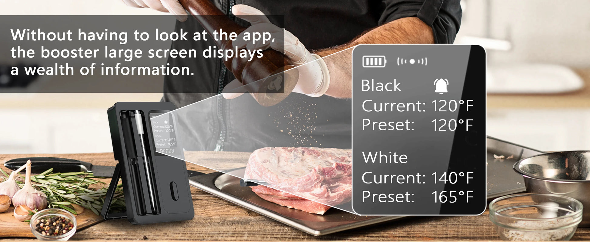 Wireless Bluetooth Meat Thermometer IP67 Waterproof Probes with LCD Screen Booster Rechargeable for Grilling Smoker BBQ Oven.