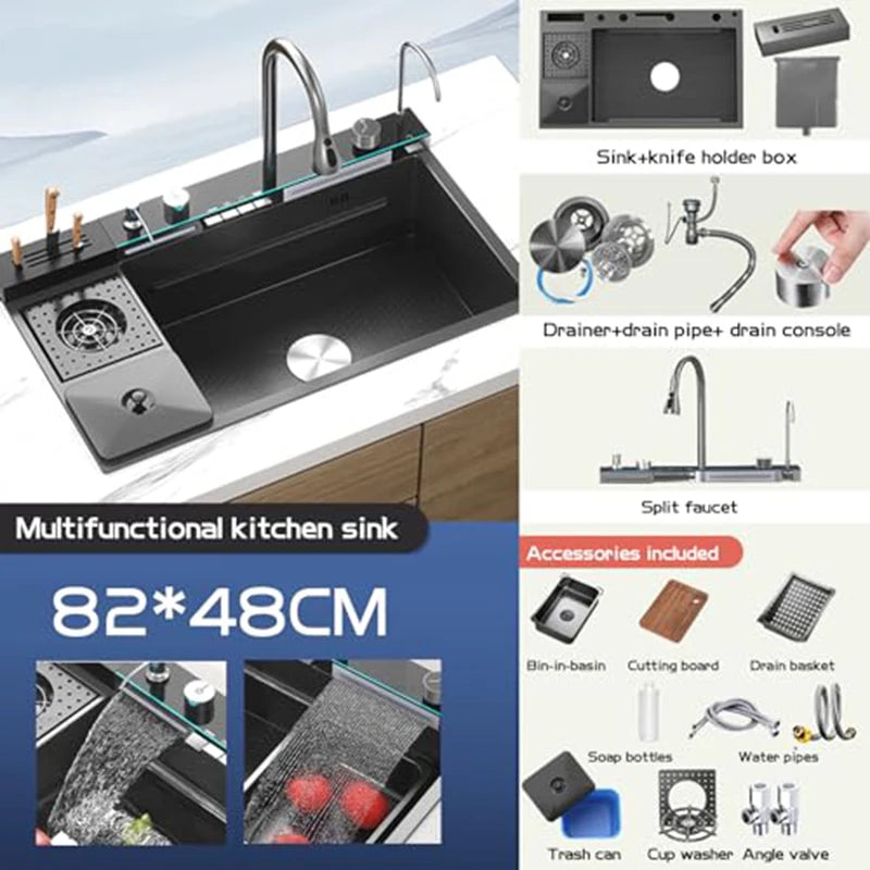 Modern Multifunctional Nano Kitchen Sink with Waterfall Faucet & Accessories for Home Chefs and Families in Contemporary Kitchen