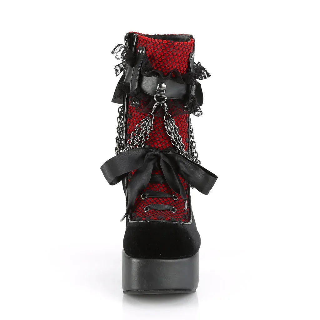Gothic Style Chain Lace Up Bow Women Short Boots Retro Round Toe Square Heel Chunky Platform Ankle Boots Punk Ladies Party Shoes.