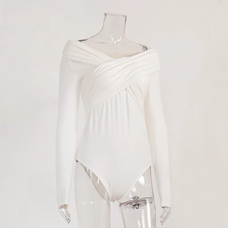 Chic Sexy Criss-cross Pleated Slash Neck Slim Fit Solid Color Basic 2024 Sexy Hot Female Long-sleeves High Waisted Bodysuit Tops